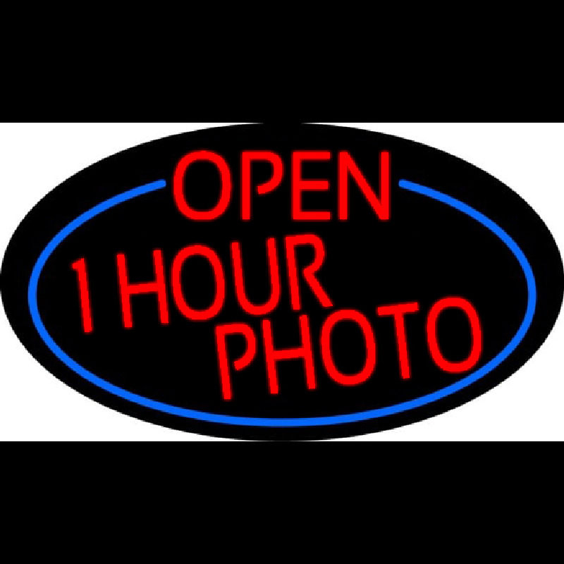 Red Open One Hour Photo Oval With Blue Border Neonkyltti