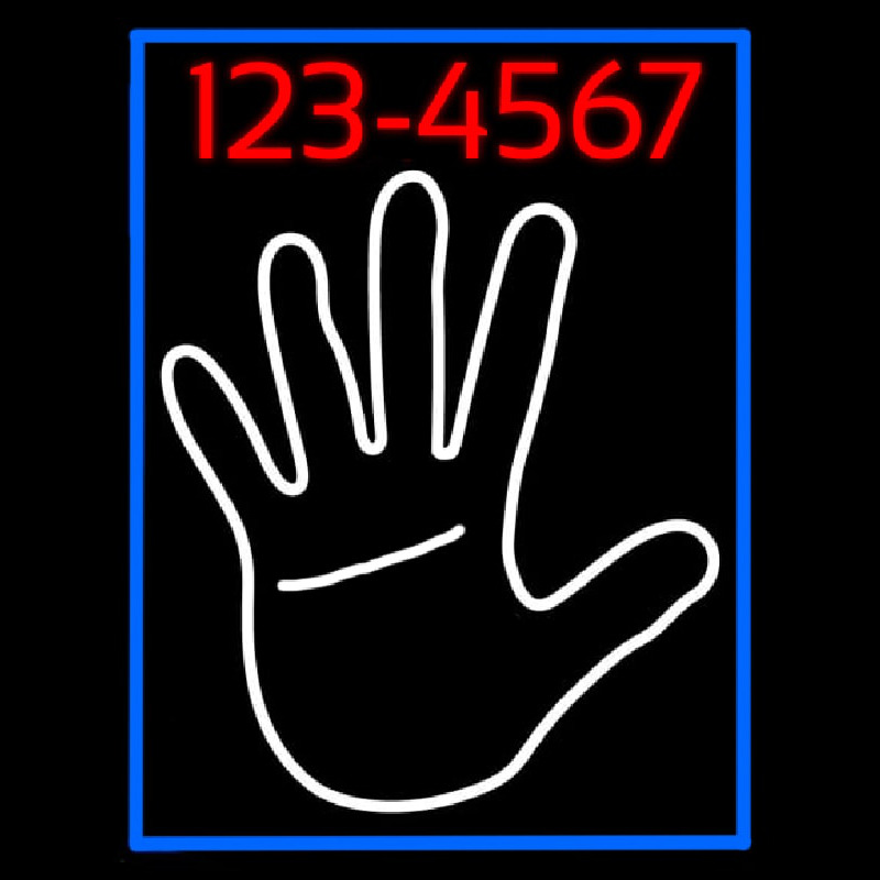 White Palm With Phone Number Blue Border Neonkyltti